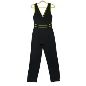 Alice + Olivia Black Neon Yellow‎ Piping V-Neck Sleeveless Jumpsuit Size 4 thumbnail 2