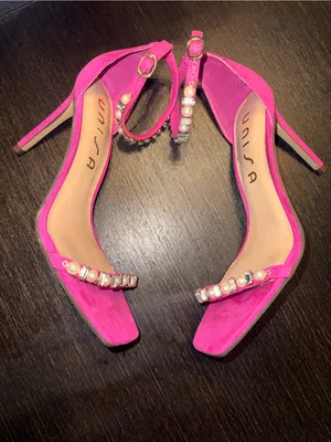 Unisa Hot Pink Rhinestone Pearl Heels Strappy Square Toe Sandals thumbnail 2