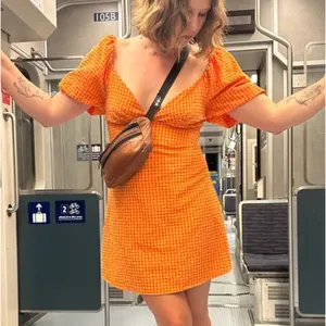 Louna Orange Gingham Mini Dress SMALL Peasant Puff Sleeve Milkmaid Cotton $108 thumbnail 9