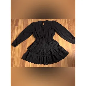 Zara Black Eyelet Embroidered Mini Dress Long Sleeve Tiered Lace LBD - Size M thumbnail 4