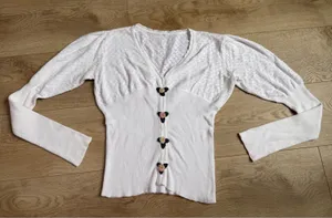 y2k Unique Pointelle white knit sweater Balletcore Cottagecore Grandmacore sz S thumbnail 1