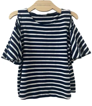 Ralph Lauren Navy White Nautical Striped Cold-Shoulder Short Sleeve Top M thumbnail 1