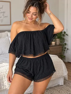 Victorias Secret Heavenly Pajama Shorts Black Lace Trim Modal M thumbnail 1