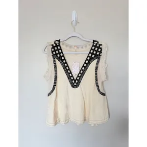 Free People Ecru Combo Embroidered V-Neck Tank Top Cream Size XS Linen Blend NEW thumbnail 3