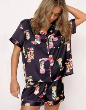Sheshow Western Cowgirl Style Pajamas Set Size XS Black Boots Satin Women's thumbnail 1