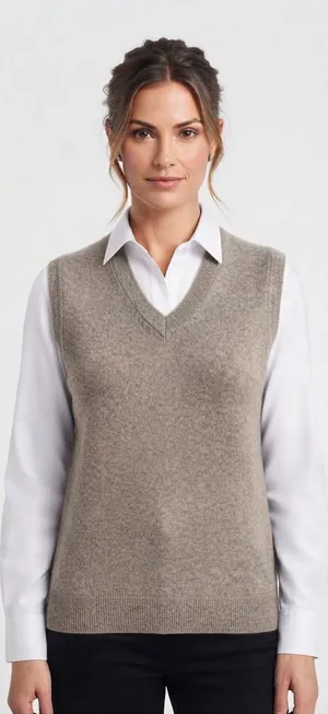 Women's M/L Brown 100% Merino Wool Sweater Vest V-Neck Preppy Knit Layer thumbnail 1