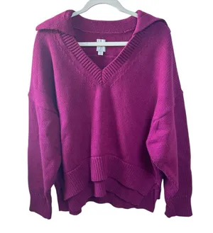 Anthropologie Maeve Layered Polo Wool Blend Sweater in Raspberry Pink Medium thumbnail 3