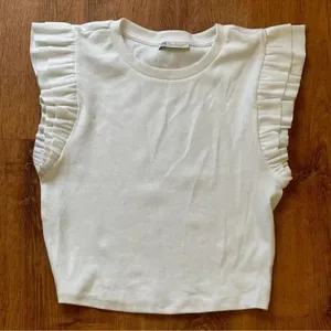 Zara White Ruffle Cropped Tank Top Women’s Large thumbnail 2