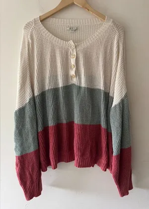 American Eagle‎ Women's Colorblock Waffle Knit Henley Oversized Sweater Top thumbnail 1