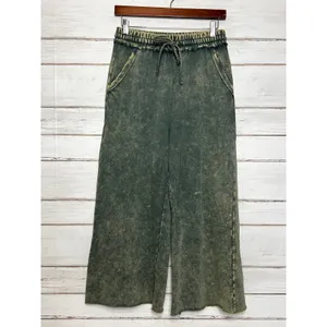 Zenana Acid Washed French Terry Palazzo Pants Small Olive Green Drawstring thumbnail 2
