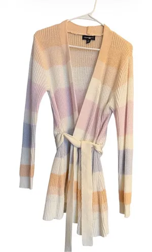 Fortune & Ivy Pastel Striped Knit Wrap Cardigan - Cream/Pink/Blue EUC thumbnail 1