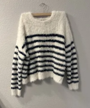 La Ligne Target Womens Fuzzy Yarn Striped Crewneck Sweater Blue White Sz L‎ thumbnail 1