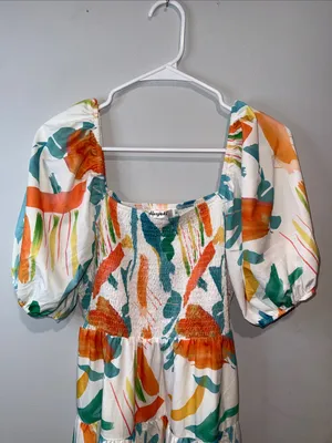 Smocked Puff-Sleeve Midi Dress in White with Orange & Teal Print thumbnail 4