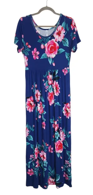 Viishow Blue and Pink Short Sleeve Floral Maxi Dress Size Large thumbnail 1