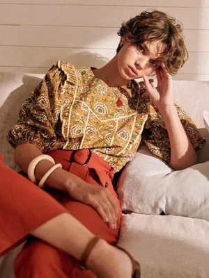 Sezane Angeline Blouse in Ochre Floral Print Size 4 thumbnail 1
