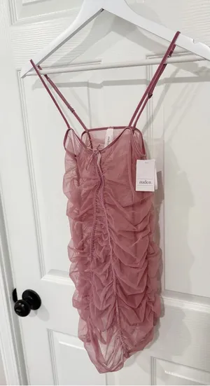 NEW Auden Pink Ruched Mesh Slip Dress Sheer Tulle Bow Front Romantic Lingerie thumbnail 1