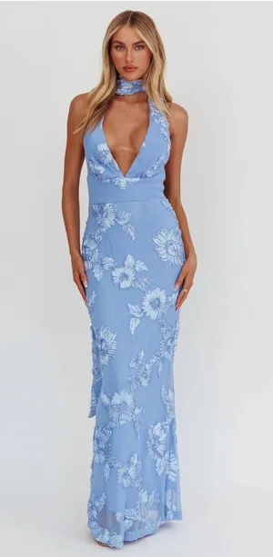 Selfie Leslie Cipriana Backless Halter Maxi Dress Embellished Blue Size Small Worn Once Paid $115 thumbnail 1