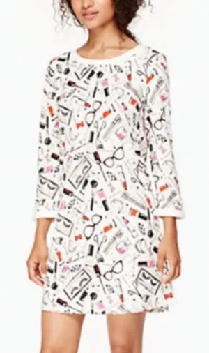 kate spade White Printed Long-Sleeve Shift Dress with Makeup Motif thumbnail 1