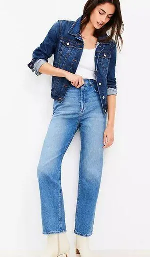 Ann Taylor LOFT Blue Denim High Rise Straight Jeans in Vintage Mid Indigo Wash thumbnail 1