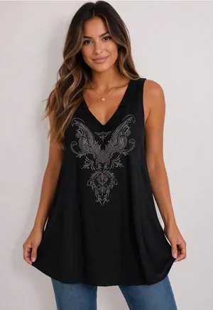 Cecico Black V-Neck Sleeveless Embroidered Tunic Top thumbnail 1