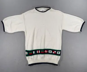 Sweater Bazaar Vintage Nautical Sailboat Flag Knit Top Short Sleeve Cream Medium thumbnail 1