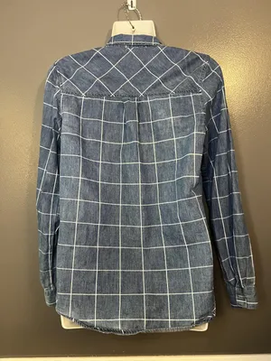 Japna Shirt Womens Small Blue Chambray Windowpane Plaid Button Down Long Sleeve thumbnail 4