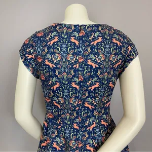 Pink Martini Dress Fox Print Blue Floral A-Line Lined‎ Small Women Cap Sleeves thumbnail 8