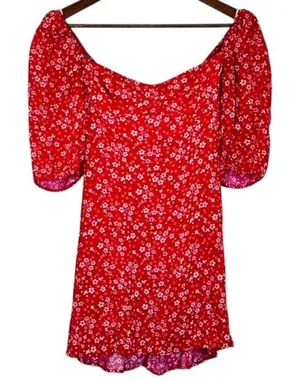 Reformation Red Puff Sleeve Mini Dress Bustier‎ Ditsy Floral Milkmaid Party Date thumbnail 1