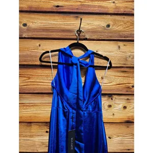 NWT Elliatt Blue Satin Halter Neck Maxi Dress Size M thumbnail 10