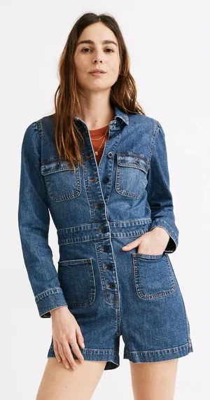 $128 Madewell Blue Denim Long-Sleeve Jumpsuit Short Romper in Vasey Wash thumbnail 1