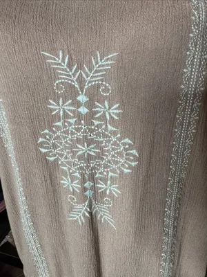 Kori America Embroidered Boho Mini Dress Taupe Aqua Tassels Size Medium thumbnail 4