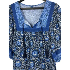 Old Navy Blue Boho Peasant Dress Women L Floral Tassel Cottagecore Festival thumbnail 5