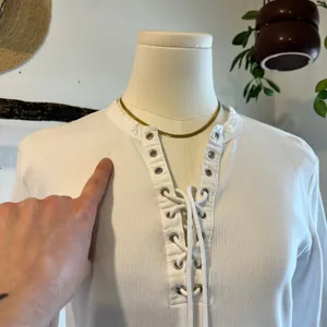 Ralph Lauren White Ribbed Lace Up Western Long Sleeve Cotton Top Size Medium thumbnail 6