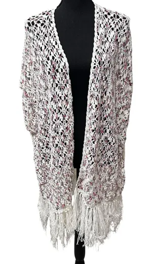 POL Knit Crochet Duster Cardigan Long Coverup White Women's Medium Boho Floral thumbnail 1
