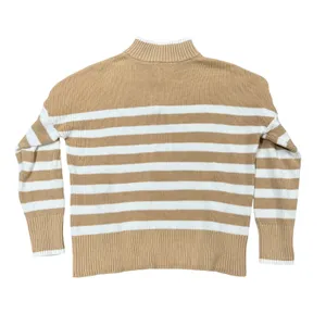 Lands' End Women Quarter Zip Sweate Tan White striped Women's size Large (12-14) thumbnail 4