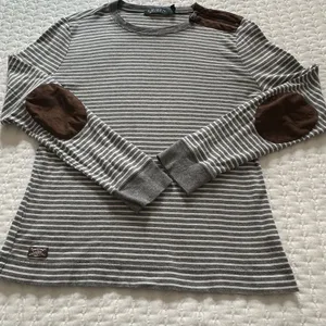 Lauren Ralph Lauren Large L Gray White Striped Long Sleeve T Shirt Brown Patches thumbnail 1