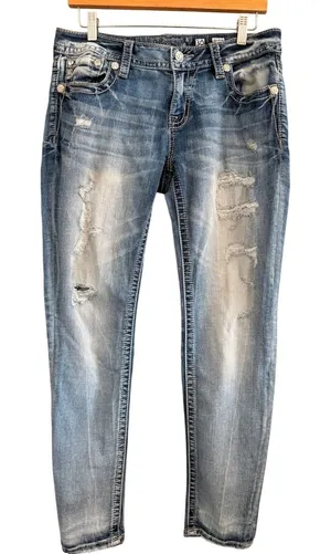 Miss Me Signature Skinny Jeans Womens 30 Blue Distressed Embellished Lace Pocket thumbnail 1