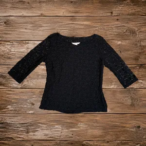 Banana Republic Black Lace Top 6P Business Casual Officewear Sheer Sleeves thumbnail 2
