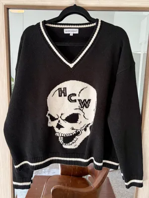 Heaven Can Wait Skyfall Sweater Black and White size Large Heavy Comfy Goth Dark thumbnail 2