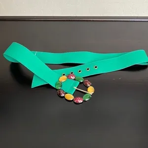 Pieces Verinda belt, multi color bejeweled buckle, green retro belt,43” length thumbnail 4