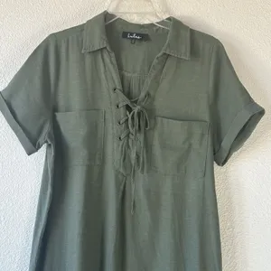 Lulu’s Olive Green Lace-Up Utility Mini Shirt Dress Short Sleeve Size Large thumbnail 2