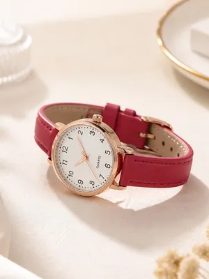 Women's Red Leather Strap Quartz Watch Pink thumbnail 3