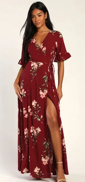 Lulus September Sunsets Burgundy Floral Maxi Wrap Dress thumbnail 1