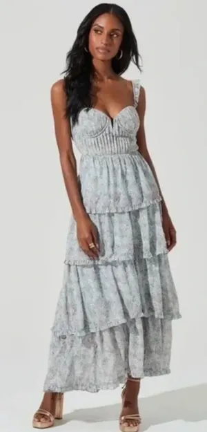 Astr Floral Tiered Maxi Dress in Light Gray and White thumbnail 1
