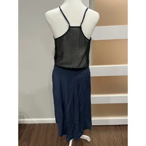 Parker Navy Blue‎ Silk Blend Mesh Back Smocked Waist hi low Midi Dress Size S thumbnail 3