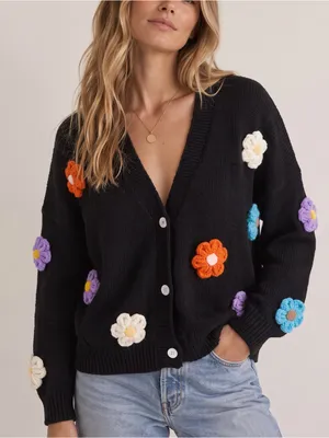 Crochet Flowers Cardigan Black Size 2X thumbnail 1