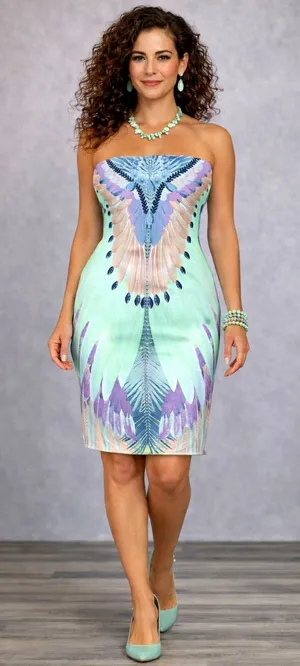 Peacock Inspired Multi Color Hale Bob Strapless Dress Green/Multi L thumbnail 1