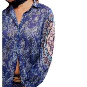 Free people Rose bud paisley print Point Collar Neck .Long Sleeve Blouse thumbnail 4