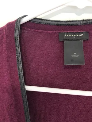 ANN TAYLOR Plum Purple Vegan Faux Leather Trim Button Down Cardigan Sweater M thumbnail 7