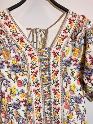 Farm Rio Greek Garden Floral Linen Blend Ruffle Tie Back Mini Dress Size M thumbnail 12